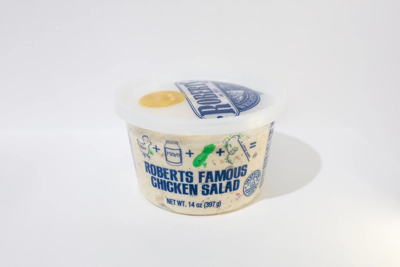 Roberts Famous Chicken Salad original 14-ounce tub on a white seamless. A consumer-brand client.