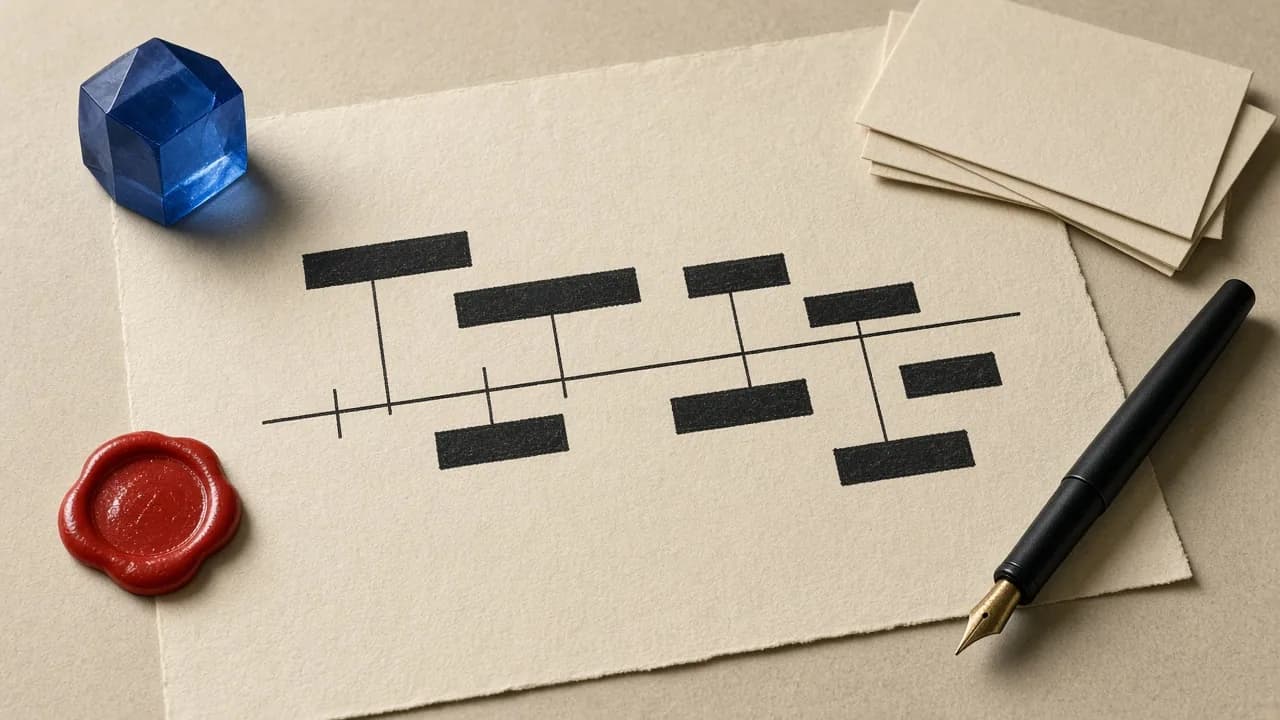 Unlabeled ink timeline on cream paper with a cobalt glass weight and a tomato-red wax seal. Editorial still of planning, not a client document.